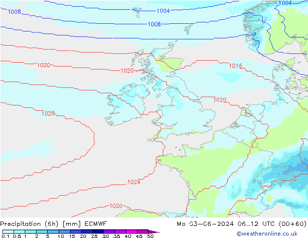 Precipitation (6h) ECMWF Po 03.06.2024 12 UTC