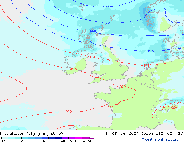 Totale neerslag (6h) ECMWF do 06.06.2024 06 UTC