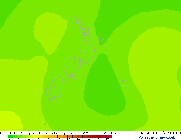 700 hPa Nispi Nem Spread ECMWF Çar 05.06.2024 06 UTC
