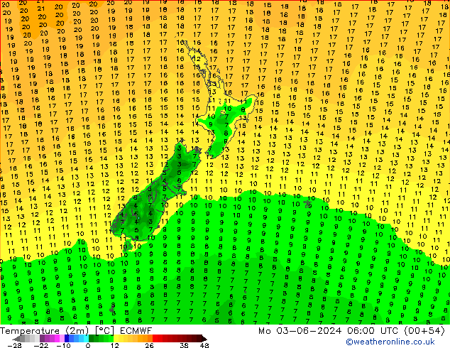 Temperatuurkaart (2m) ECMWF ma 03.06.2024 06 UTC