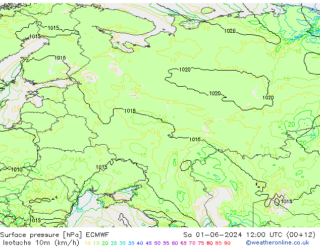 Isotachs (kph) ECMWF Sa 01.06.2024 12 UTC