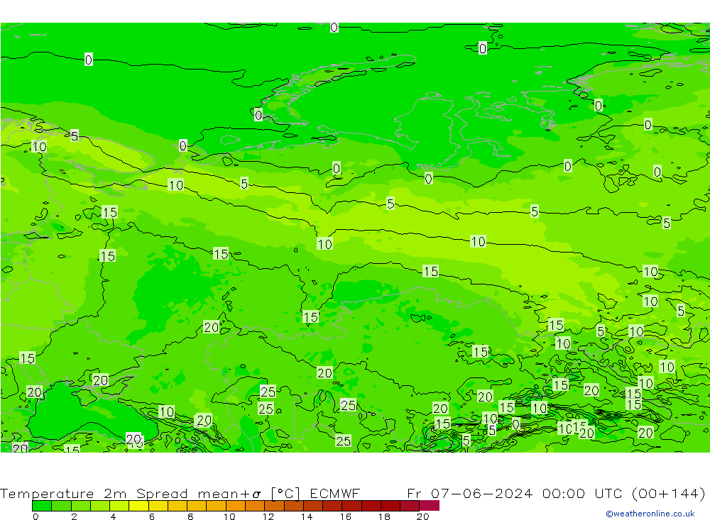 Temperature 2m Spread ECMWF Fr 07.06.2024 00 UTC