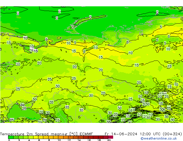 Sıcaklık Haritası 2m Spread ECMWF Cu 14.06.2024 12 UTC