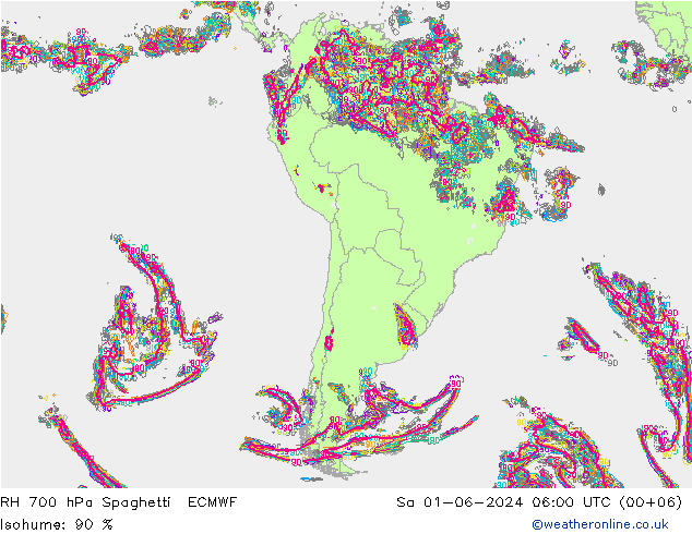 RH 700 hPa Spaghetti ECMWF sab 01.06.2024 06 UTC