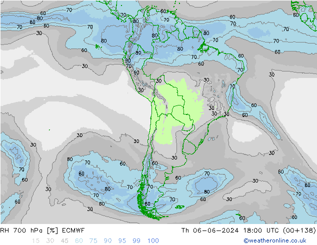 RH 700 гПа ECMWF чт 06.06.2024 18 UTC