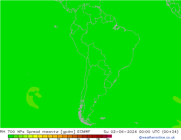 RH 700 hPa Spread ECMWF nie. 02.06.2024 00 UTC