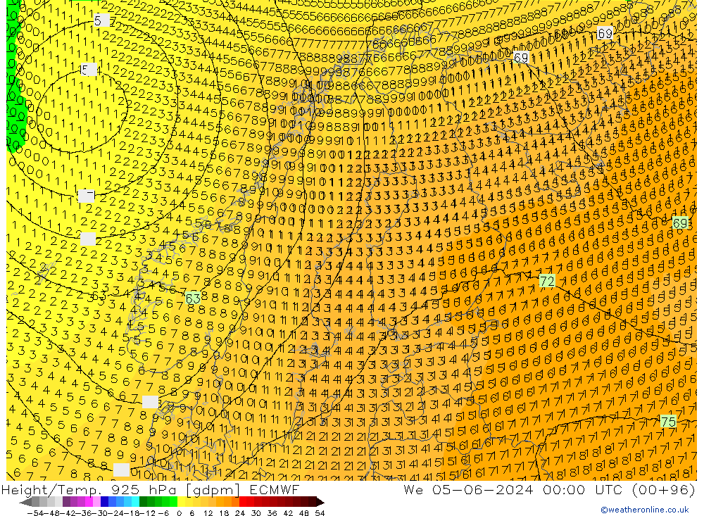 Height/Temp. 925 hPa ECMWF We 05.06.2024 00 UTC