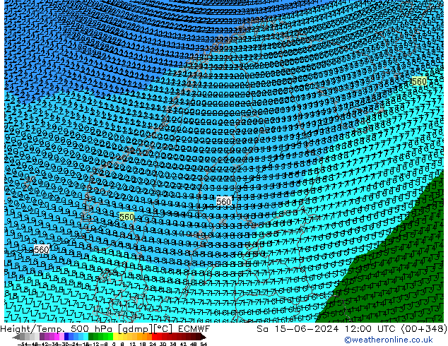 Height/Temp. 500 hPa ECMWF so. 15.06.2024 12 UTC