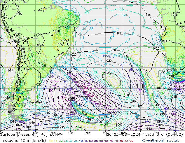 Isotachen (km/h) ECMWF ma 03.06.2024 12 UTC