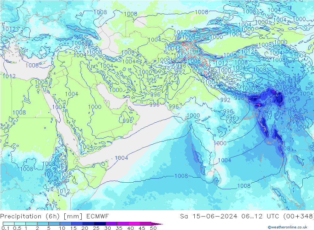 Totale neerslag (6h) ECMWF za 15.06.2024 12 UTC