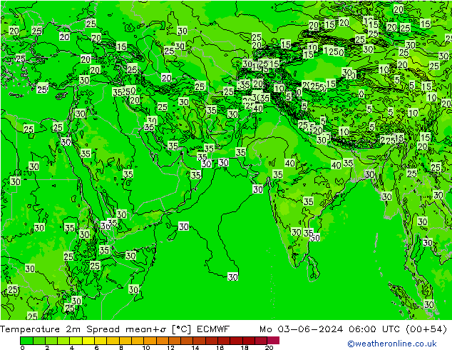 Temperature 2m Spread ECMWF Po 03.06.2024 06 UTC