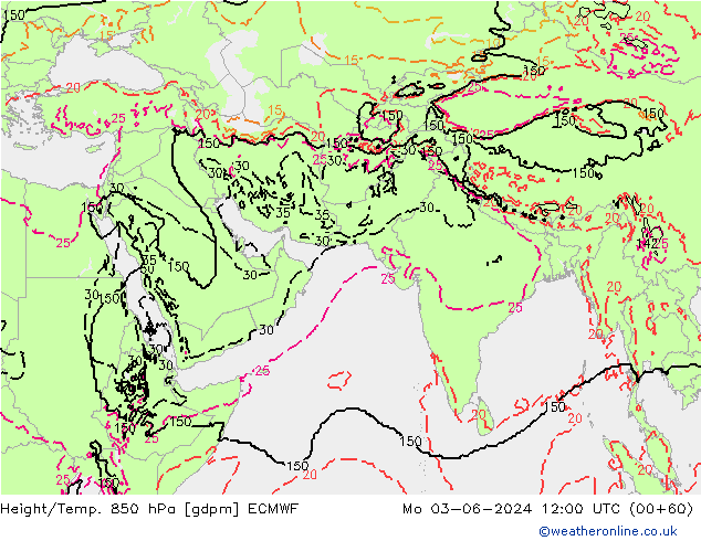 Height/Temp. 850 hPa ECMWF Po 03.06.2024 12 UTC