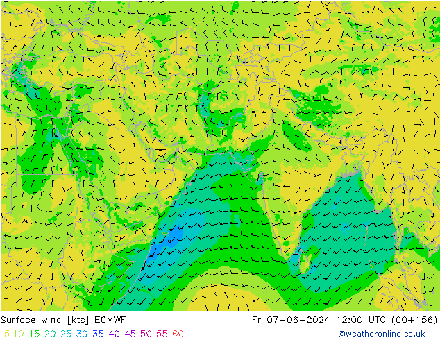 ветер 10 m ECMWF пт 07.06.2024 12 UTC