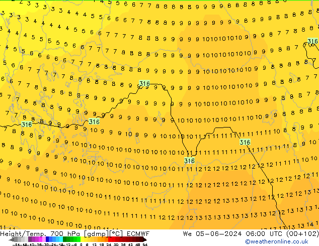 Geop./Temp. 700 hPa ECMWF mié 05.06.2024 06 UTC