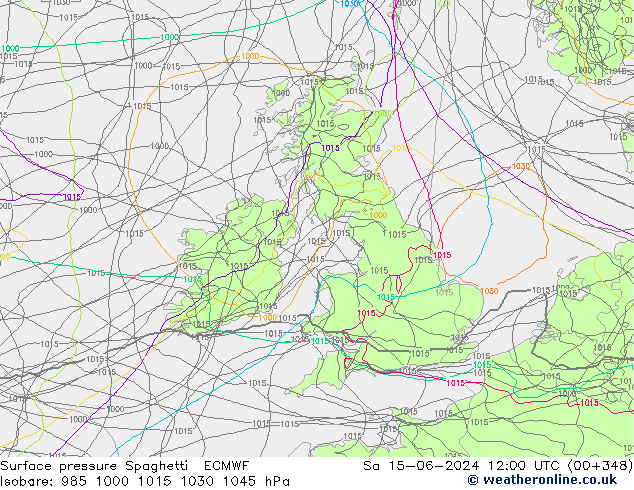 Atmosférický tlak Spaghetti ECMWF So 15.06.2024 12 UTC