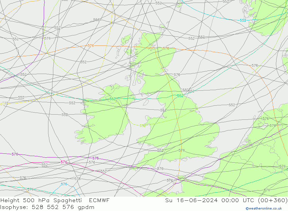 Height 500 hPa Spaghetti ECMWF Ne 16.06.2024 00 UTC