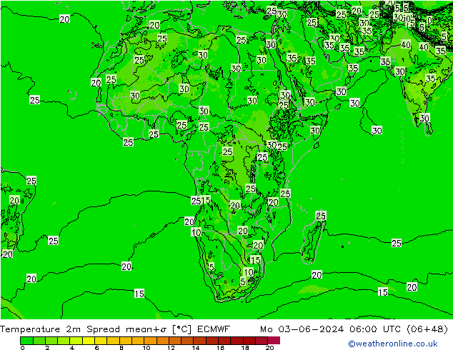 Temperature 2m Spread ECMWF Mo 03.06.2024 06 UTC