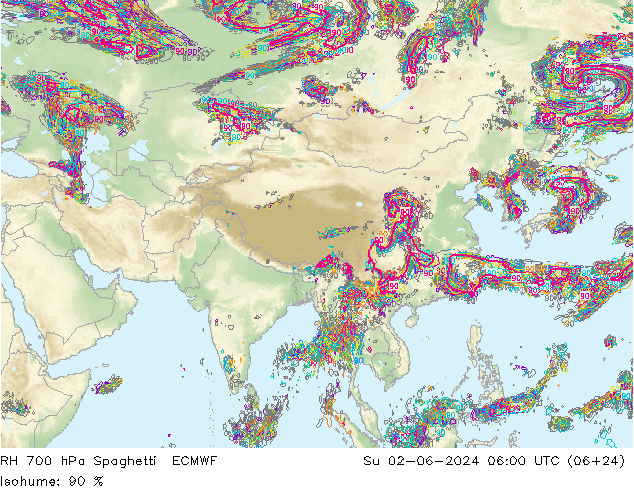 RH 700 hPa Spaghetti ECMWF Su 02.06.2024 06 UTC