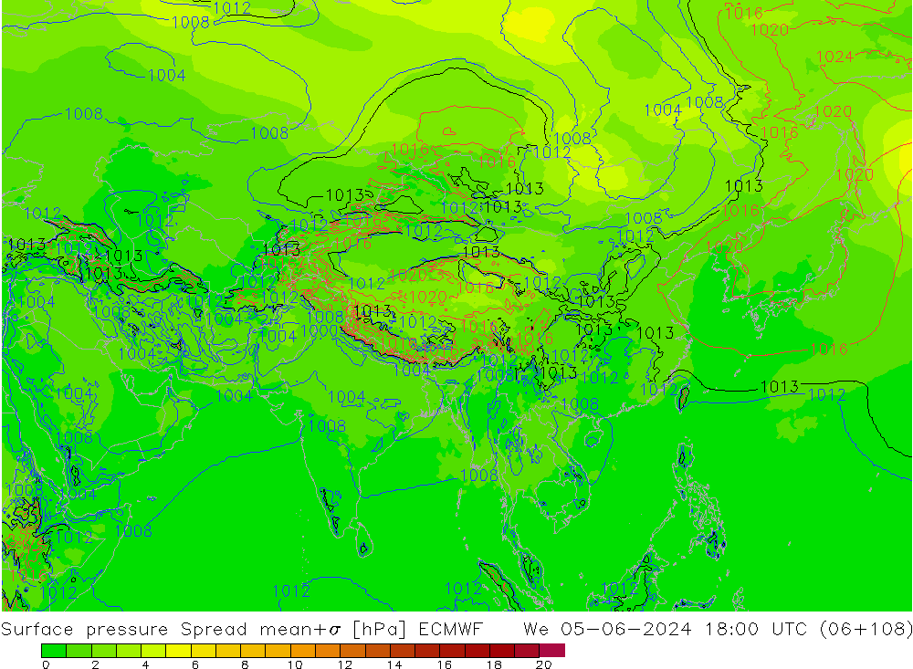 Presión superficial Spread ECMWF mié 05.06.2024 18 UTC