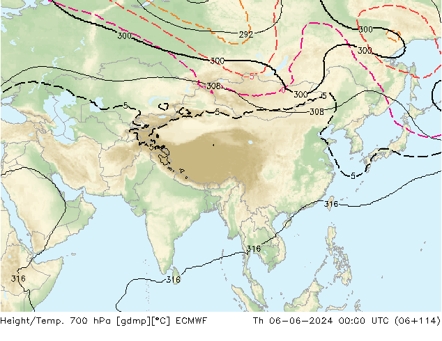 Géop./Temp. 700 hPa ECMWF jeu 06.06.2024 00 UTC