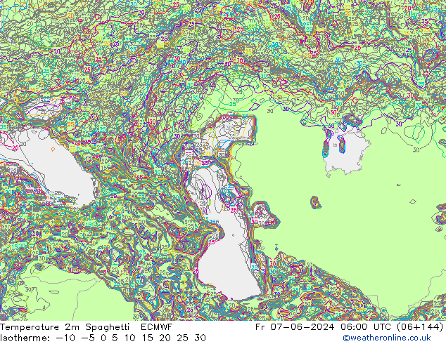 Temperature 2m Spaghetti ECMWF Pá 07.06.2024 06 UTC