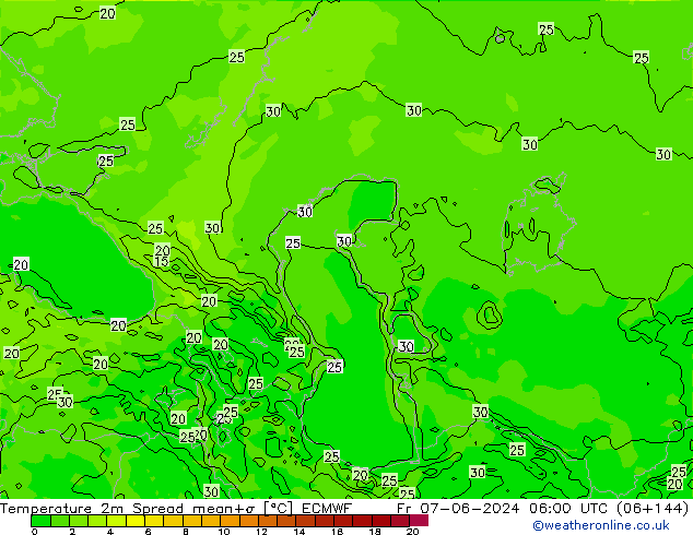 Temperature 2m Spread ECMWF Fr 07.06.2024 06 UTC