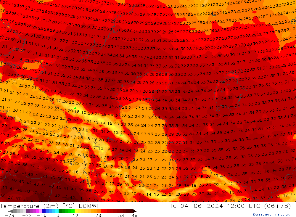 mapa temperatury (2m) ECMWF wto. 04.06.2024 12 UTC