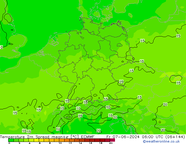 Temperature 2m Spread ECMWF Fr 07.06.2024 06 UTC