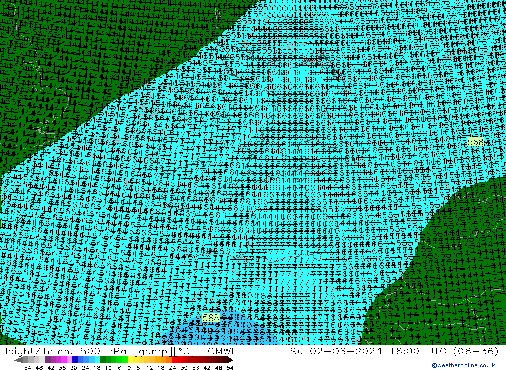 Height/Temp. 500 hPa ECMWF Su 02.06.2024 18 UTC