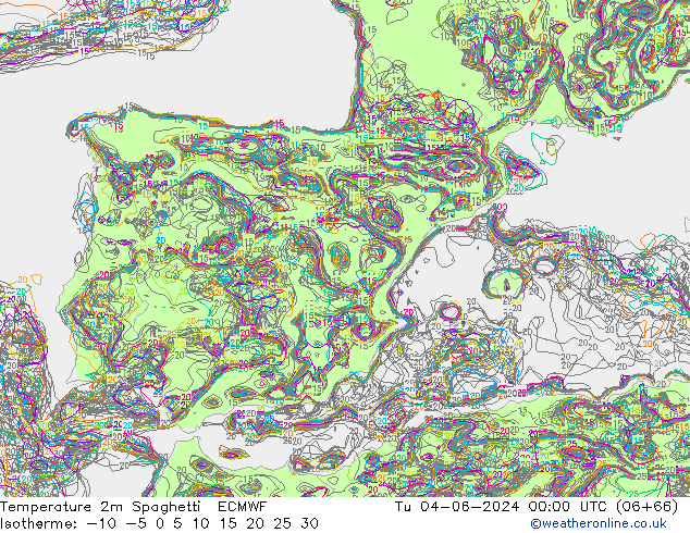 Temperature 2m Spaghetti ECMWF Tu 04.06.2024 00 UTC