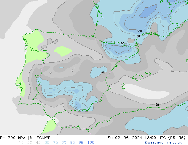 RH 700 гПа ECMWF Вс 02.06.2024 18 UTC