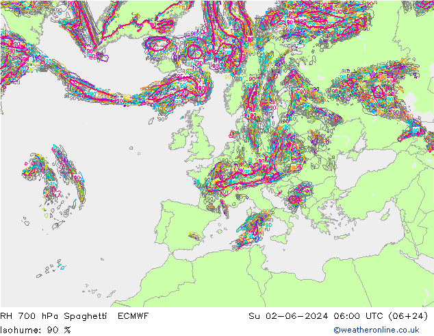 RH 700 hPa Spaghetti ECMWF So 02.06.2024 06 UTC