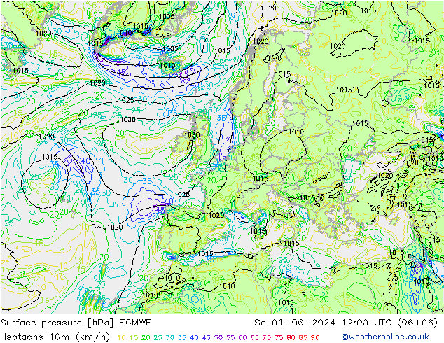 10米等风速线 (kph) ECMWF 星期六 01.06.2024 12 UTC