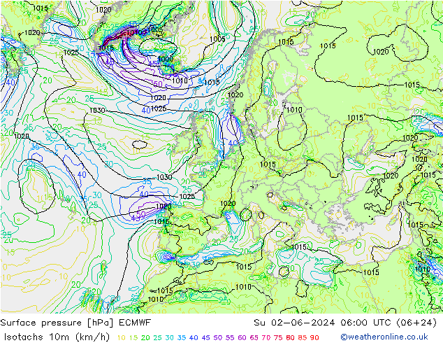 Isotachen (km/h) ECMWF So 02.06.2024 06 UTC