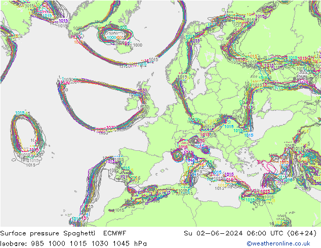 Surface pressure Spaghetti ECMWF Su 02.06.2024 06 UTC