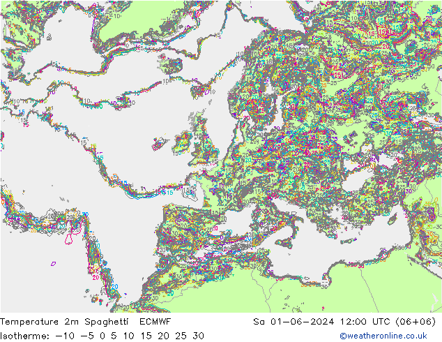 Temperature 2m Spaghetti ECMWF So 01.06.2024 12 UTC