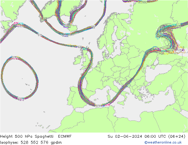 Geop. 500 hPa Spaghetti ECMWF dom 02.06.2024 06 UTC