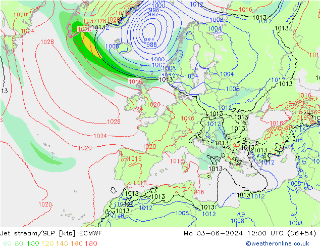 Jet stream/SLP ECMWF Mo 03.06.2024 12 UTC