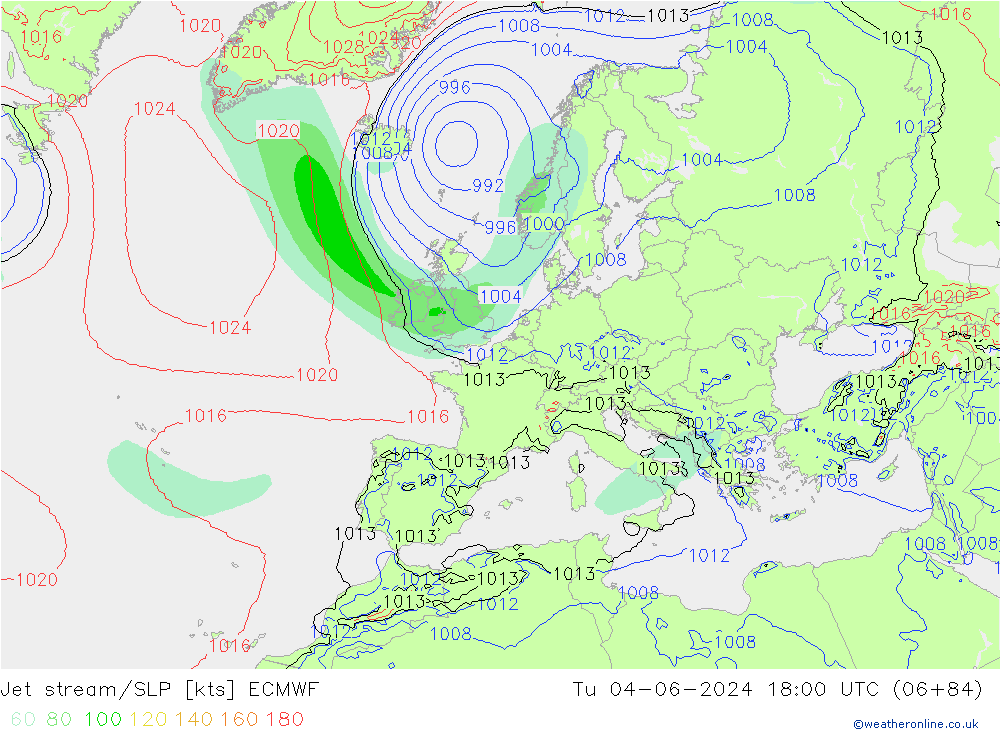 Jet stream/SLP ECMWF Tu 04.06.2024 18 UTC