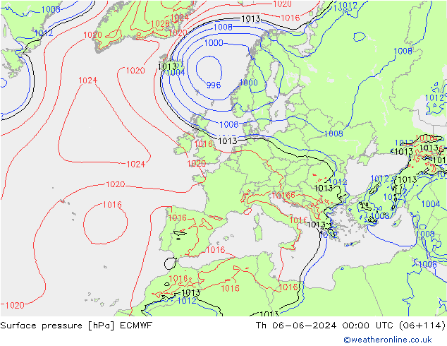 Pressione al suolo ECMWF gio 06.06.2024 00 UTC