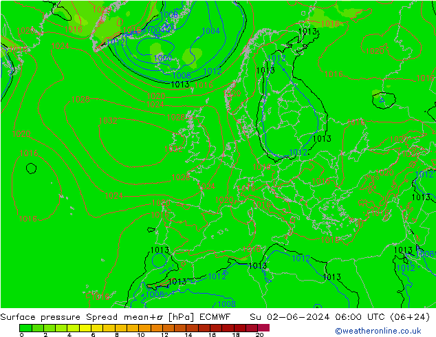 Luchtdruk op zeeniveau Spread ECMWF zo 02.06.2024 06 UTC