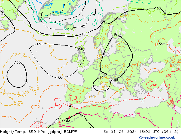 Geop./Temp. 850 hPa ECMWF sáb 01.06.2024 18 UTC