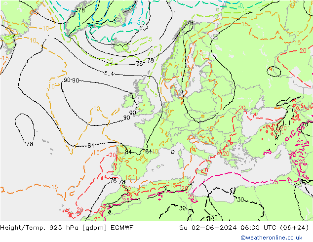 Height/Temp. 925 hPa ECMWF Dom 02.06.2024 06 UTC