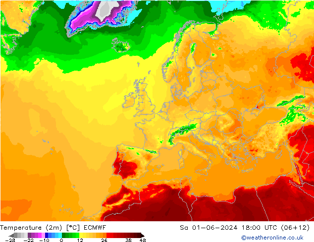 Temperature (2m) ECMWF Sa 01.06.2024 18 UTC