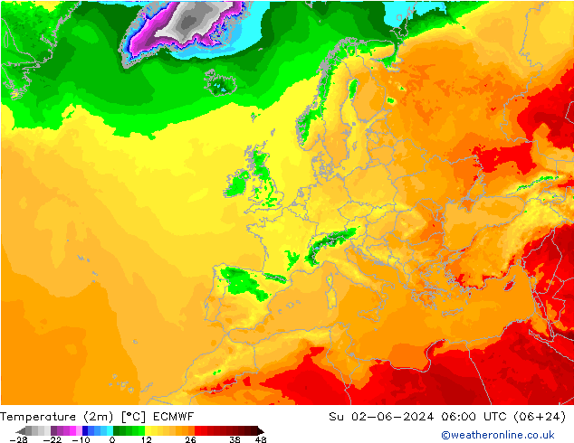 Temperatuurkaart (2m) ECMWF zo 02.06.2024 06 UTC