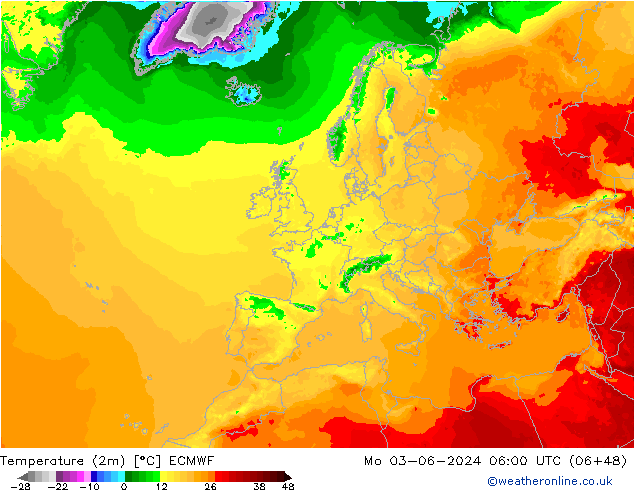 Temperatura (2m) ECMWF Seg 03.06.2024 06 UTC