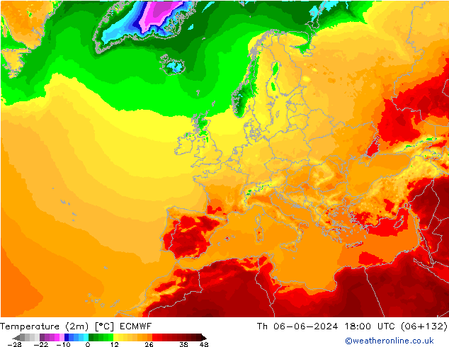 mapa temperatury (2m) ECMWF czw. 06.06.2024 18 UTC