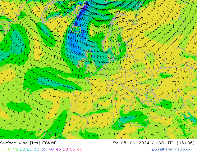 Vento 10 m ECMWF mer 05.06.2024 06 UTC