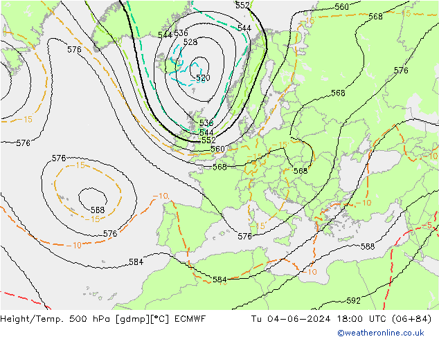 Height/Temp. 500 hPa ECMWF Út 04.06.2024 18 UTC