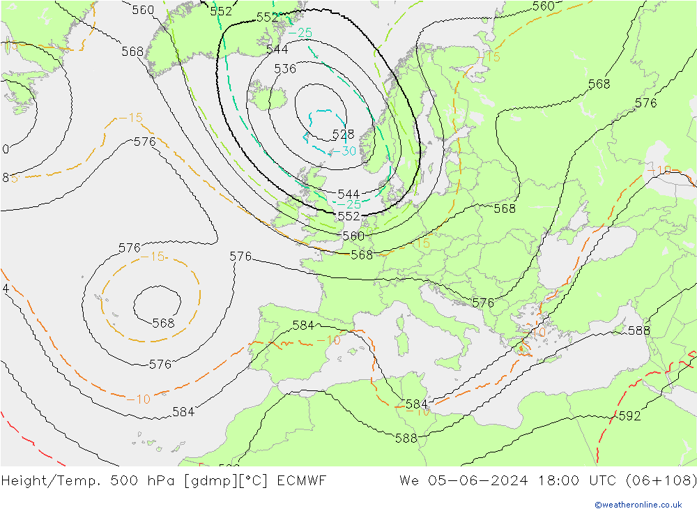 Height/Temp. 500 hPa ECMWF mer 05.06.2024 18 UTC